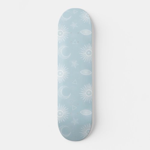 Magical White Moon Sun Stars Blue pattern Skateboard