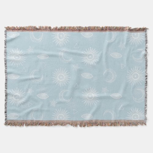 Magical White Moon Sun Stars Blue pattern Throw Blanket