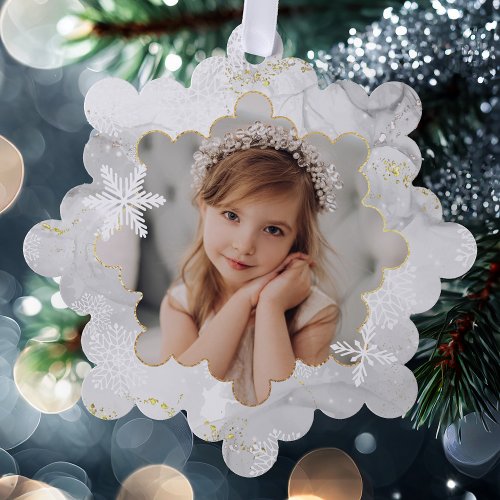 Magical White Snowflakes and Sparkles Photo Ornament Card