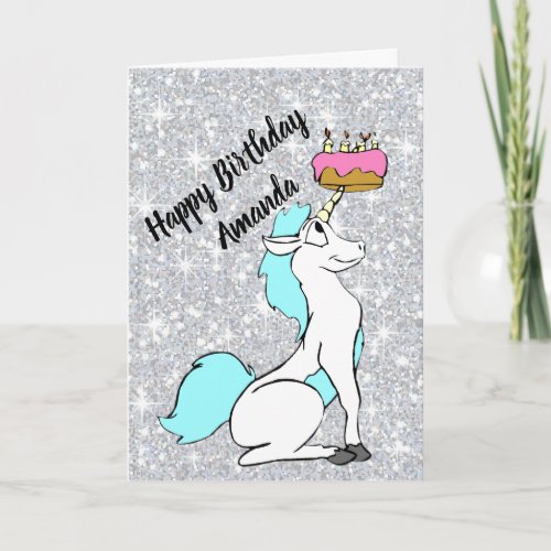 Magical White Turquoise Unicorn with Birthday Cake Card