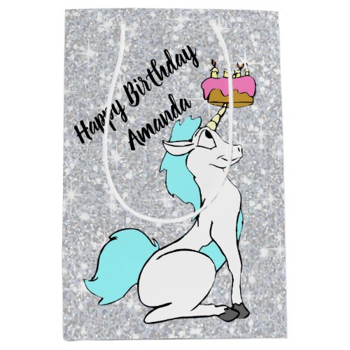 Magical White Turquoise Unicorn with Birthday Cake Medium Gift Bag