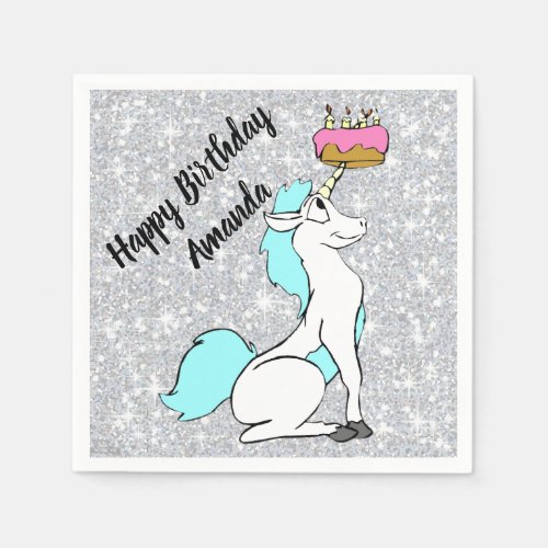 Magical White Turquoise Unicorn with Birthday Cake Napkins