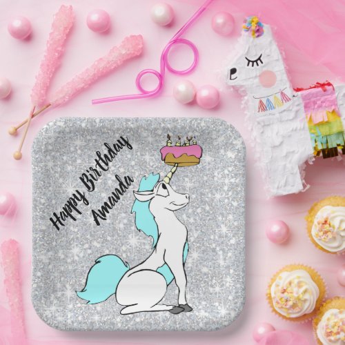 Magical White Turquoise Unicorn with Birthday Cake Paper Plates