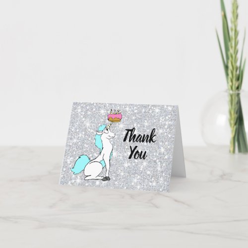 Magical White Turquoise Unicorn with Birthday Cake Thank You Card
