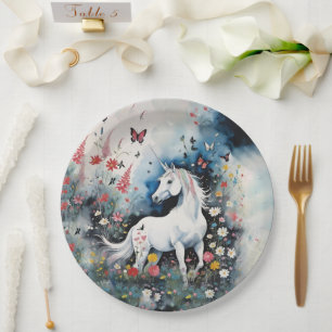 Magical White Unicorn And Wildflowers Paper Plates