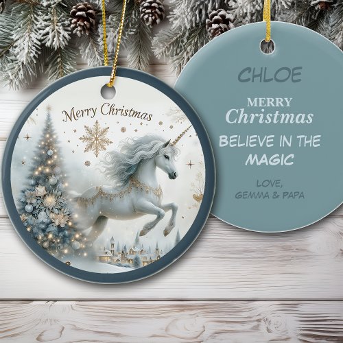 Magical White Unicorn Granddaughter Christmas Ceramic Ornament