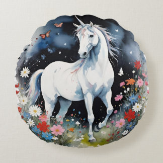 Magical White Unicorn In A Night Garden Round Pillow