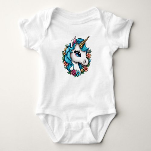 Magical White Unicorn with Blue Haired Character Baby Bodysuit