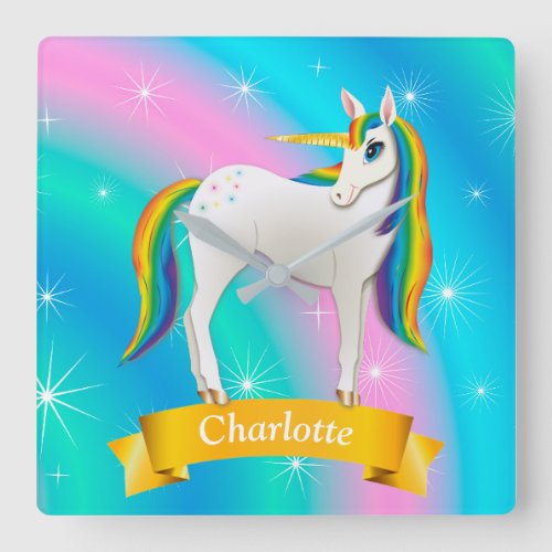 Magical White Unicorn with Rainbow Mane and Tail Square Wall Clock