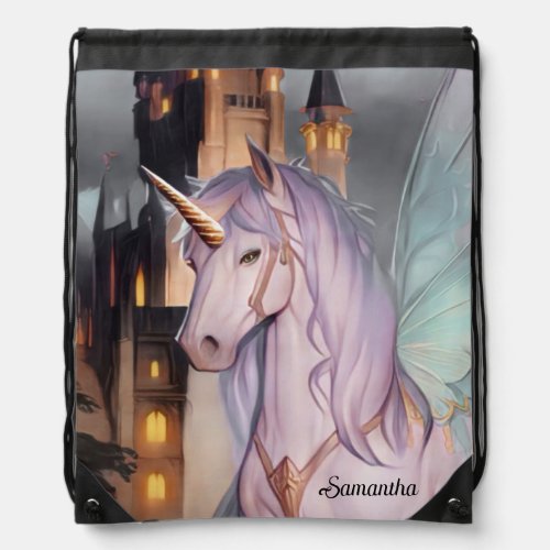 Magical White Watercolor Winged Unicorn Drawstring Bag