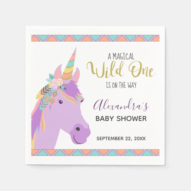 Magical Wild One Cute Purple Unicorn Baby Shower Napkins (Front)