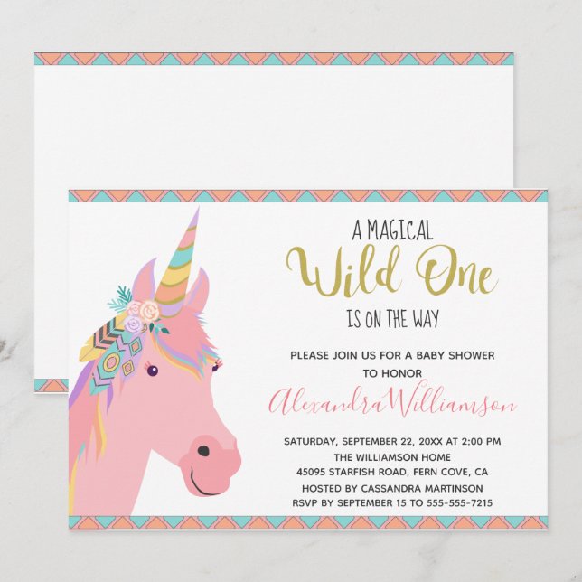 Magical Wild One Unicorn Pink Gold Baby Shower Invitation (Front/Back)