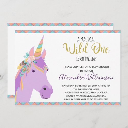 Magical Wild One Unicorn Purple Gold Baby Shower Invitation