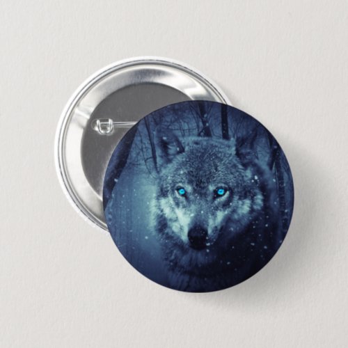 Magical Wild Wolf with Amazing Blue Eyes Button