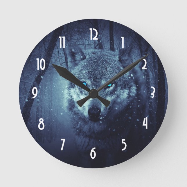 Magical Wild Wolf with Amazing Blue Eyes Round Clock (Front)