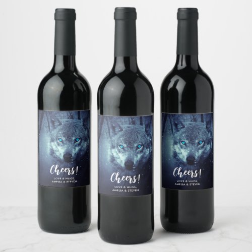 Magical Wild Wolf with Amazing Blue Eyes Wine Label