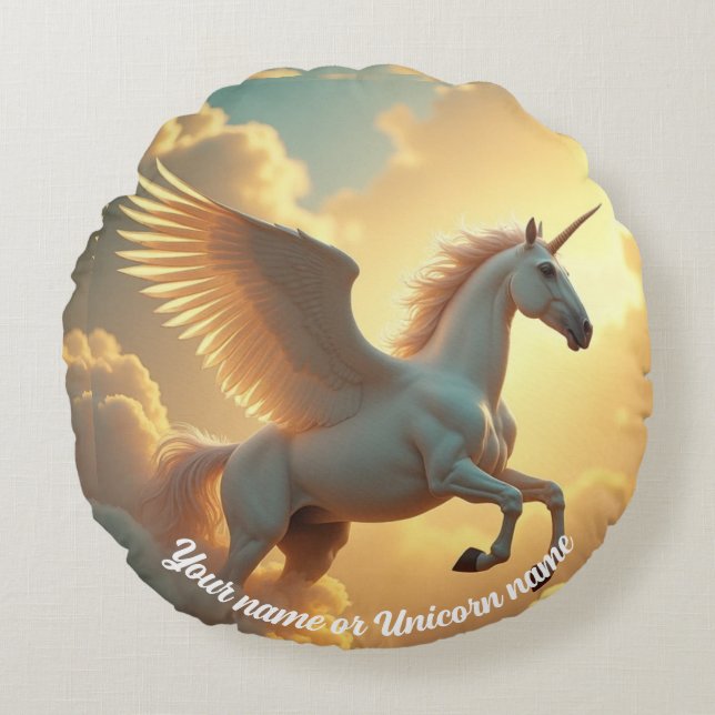 Magical winged Unicorn sky Monogram Name  Round Pillow (Front)