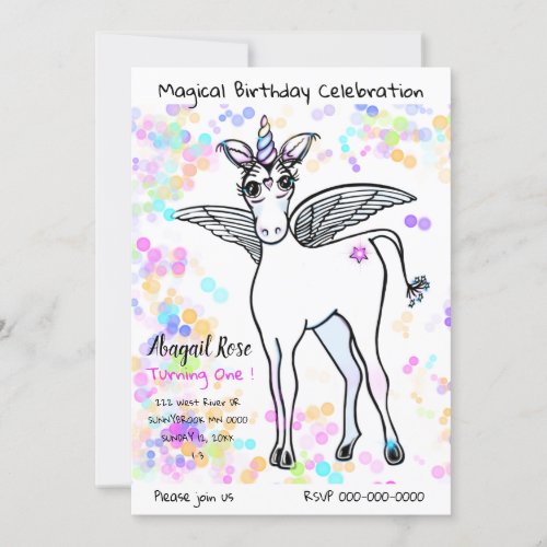 Magical winged Unicorn with colorful bubbles Invitation