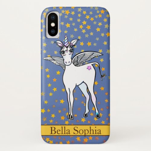 Magical winged Unicorn with golden star accents iPhone X Case