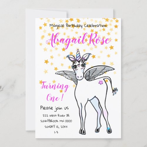 Magical winged Unicorn with golden star accents Invitation