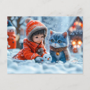 Magical Winter Day with Girl and Cat Holiday Postcard