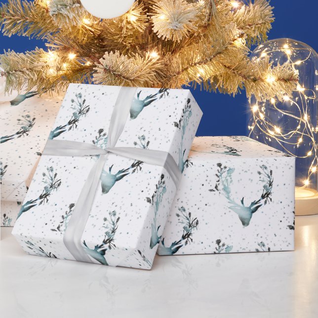 Magical Winter Deerhead Silver Blue Snow Christmas Wrapping Paper (Holidays)