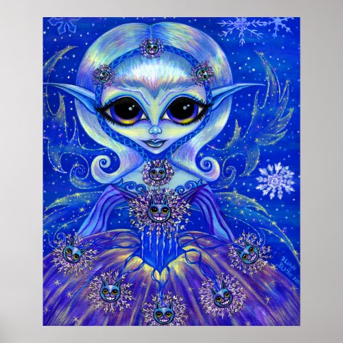 Magical Winter Fairy Girl Cats Snowflakes Big Eyes Poster