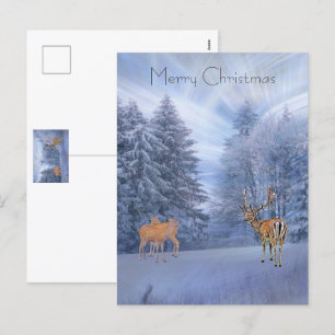 Magical winter forest with deer, christmas holida holiday postcard