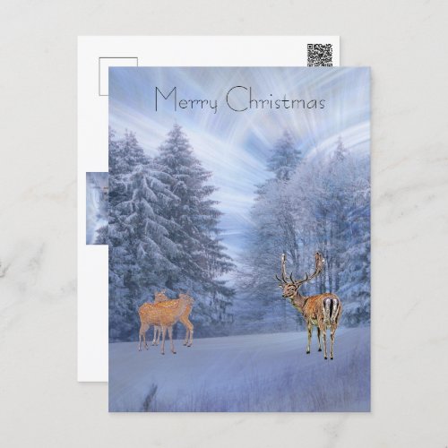Magical winter forest with deer christmas  holida holiday postcard