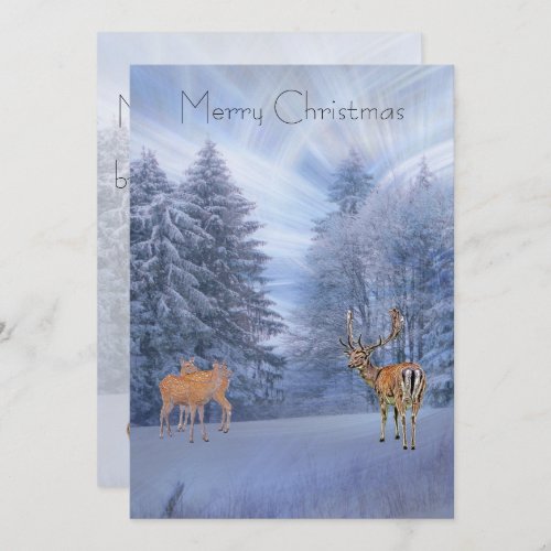Magical winter forest with deer christmas  holiday card