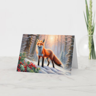 Magical Winter Fox Holly Berries Christmas Card