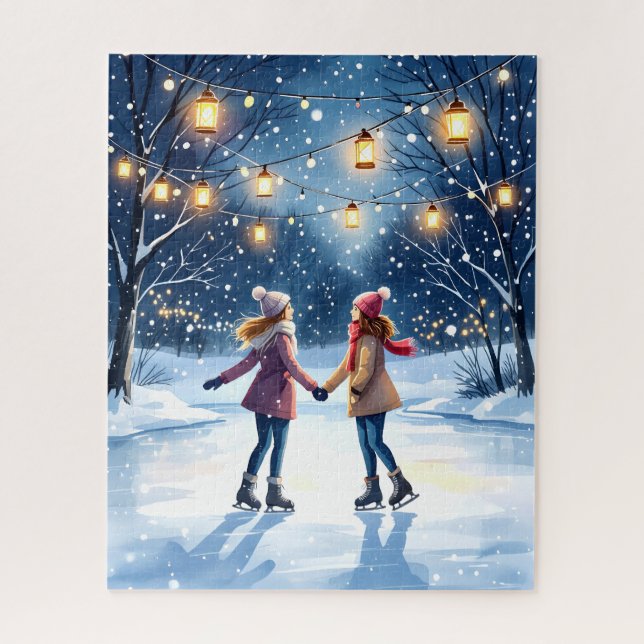 Magical Winter Ice Skating Under Lantern Lights Jigsaw Puzzle (Vertical)