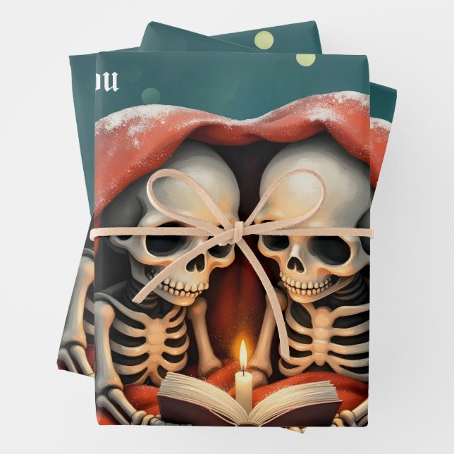 Magical winter moments, two skeletons wrapping paper sheets (In situ)