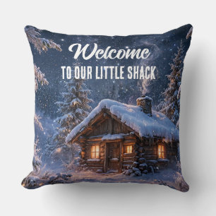 Magical Winter Night Cabin in the Woods Throw Pillow