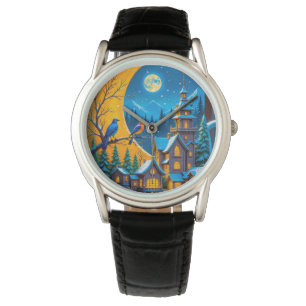 Magical Winter Night Village Black Leather Watch