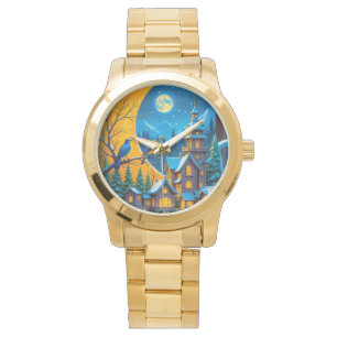 Magical Winter Night Village Gold Metal Watch