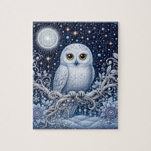 Magical Winter Night with Snowy Owl and Crystals Jigsaw Puzzle