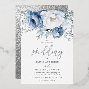 Magical Winter Season Dusty Blue Wedding Silver Foil Invitation