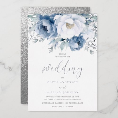 Magical Winter Season Dusty Blue Wedding Silver Foil Invitation