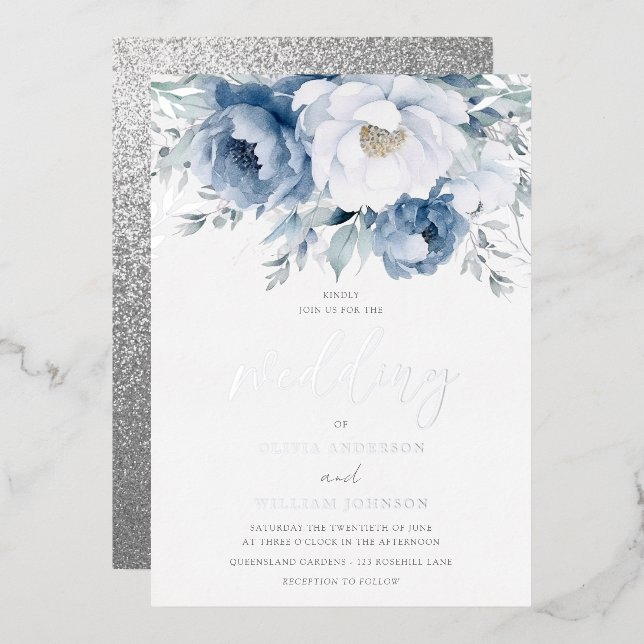 Magical Winter Season Dusty Blue Wedding Silver Foil Invitation (Front/Back)