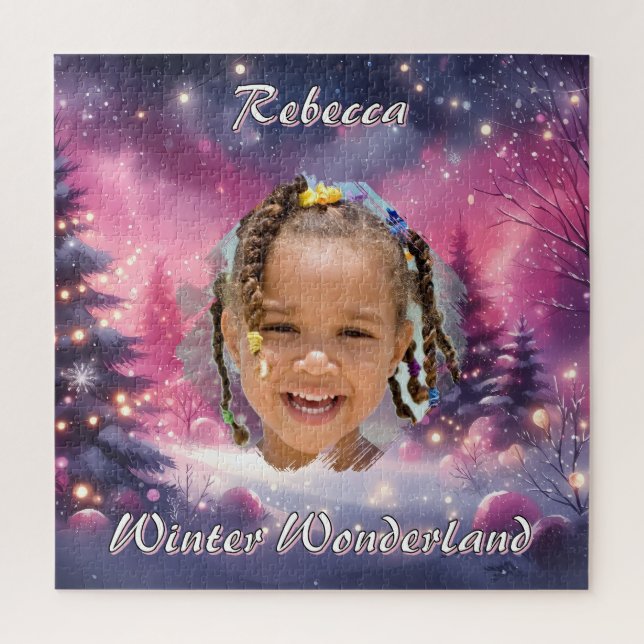 Magical Winter Wonderland Photo Name Purple Pink Jigsaw Puzzle (Vertical)