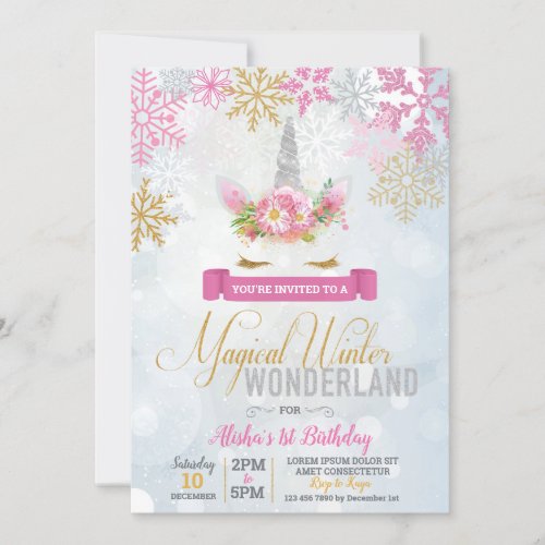 Magical Winter Wonderland Unicorn Birthday Invite