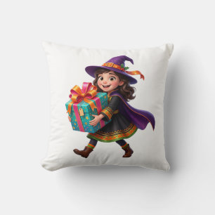 Magical Witch Delivering Gifts Halloween Fantasy Throw Pillow