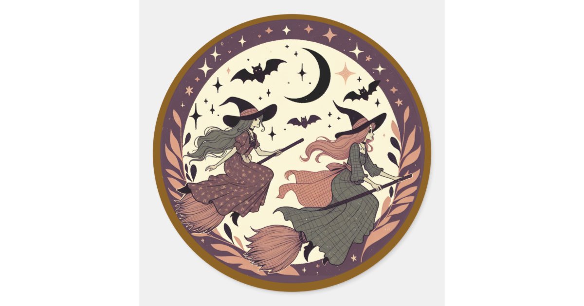 Magical Witch Flight – Halloween Moonlight Scene Classic Round Sticker ...