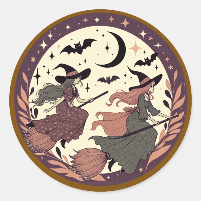 Magical Witch Flight – Halloween Moonlight Scene  Classic Round Sticker (Front)