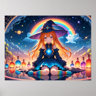 Magical Witch Girl under Rainbow Arc Poster