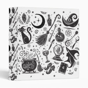 Magical Witch Whimsical Wiccan Pagan Black & White 3 Ring Binder