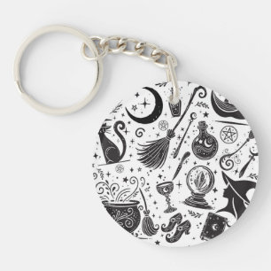 Magical Witch Whimsical Wiccan Pagan Black & White Keychain