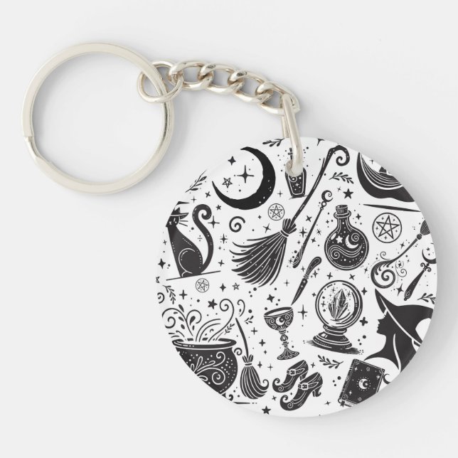 Magical Witch Whimsical Wiccan Pagan Black & White Keychain (Front)