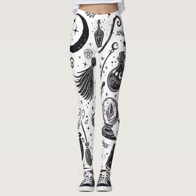 Magical Witch Whimsical Wiccan Pagan Black & White Leggings (Front)